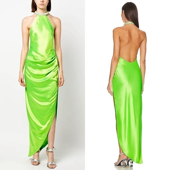 NWT RETROFETE Satin Crystal Choker Halter Sleeveless Ruched Open Back Gown L - Picture 6 of 17